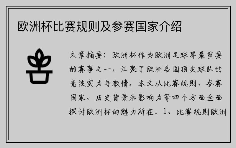 欧洲杯比赛规则及参赛国家介绍